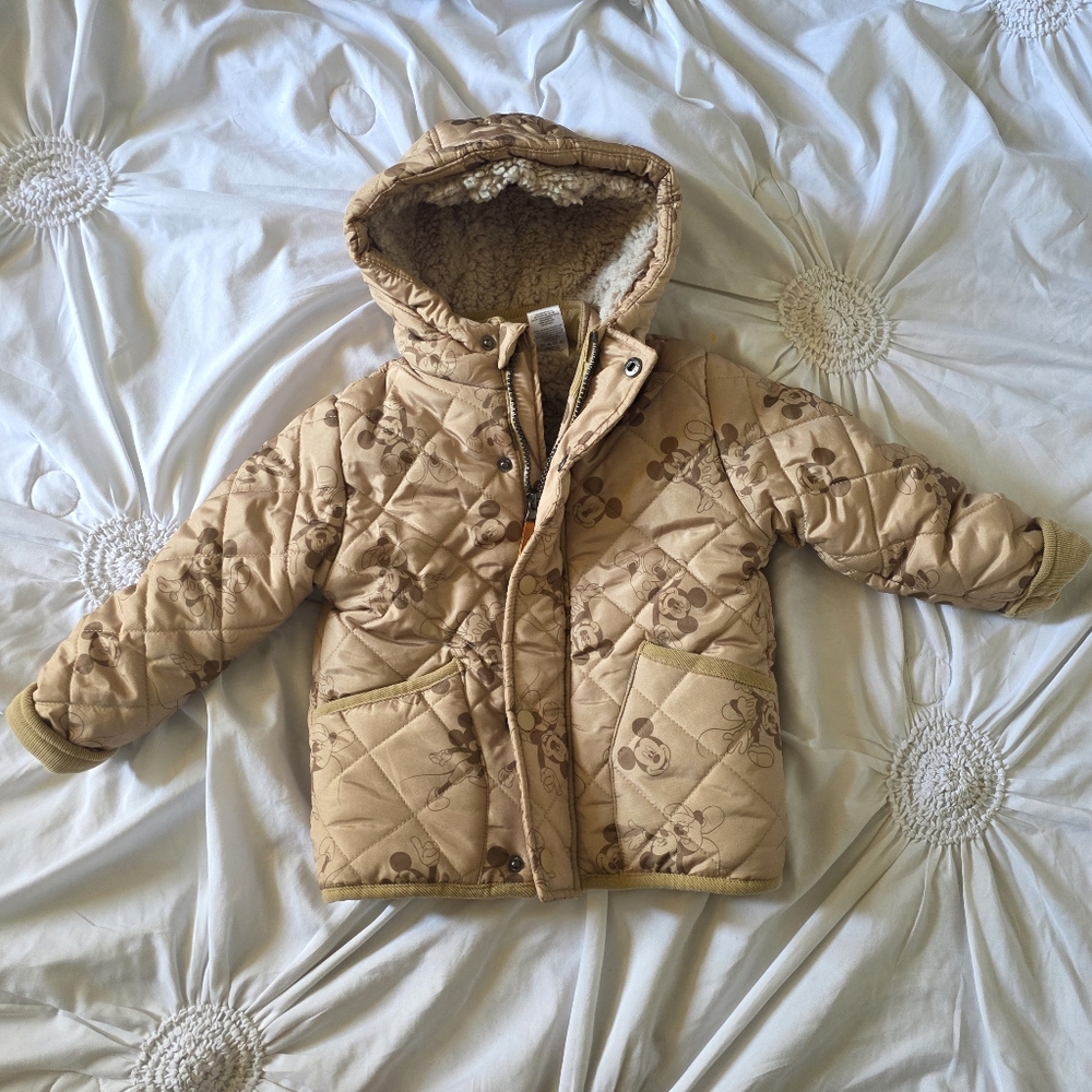 Like New Kids Quilted Jacket with Hood - Brown Mickey Mouse Coat Size 3T